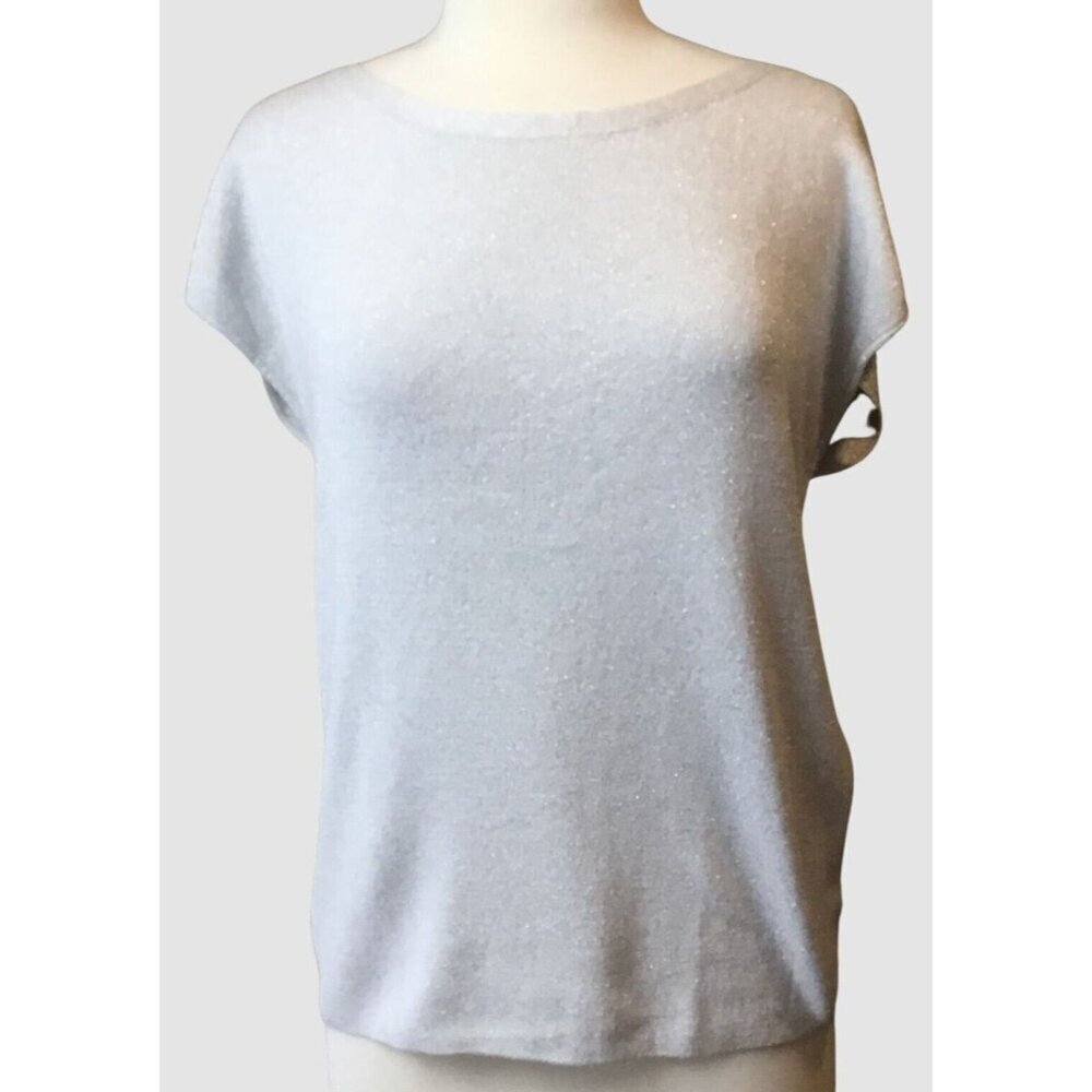 Talbots Cap Sleeve Scoop Neck Silver Stretch Metallic Sweater Back Buttons XL
